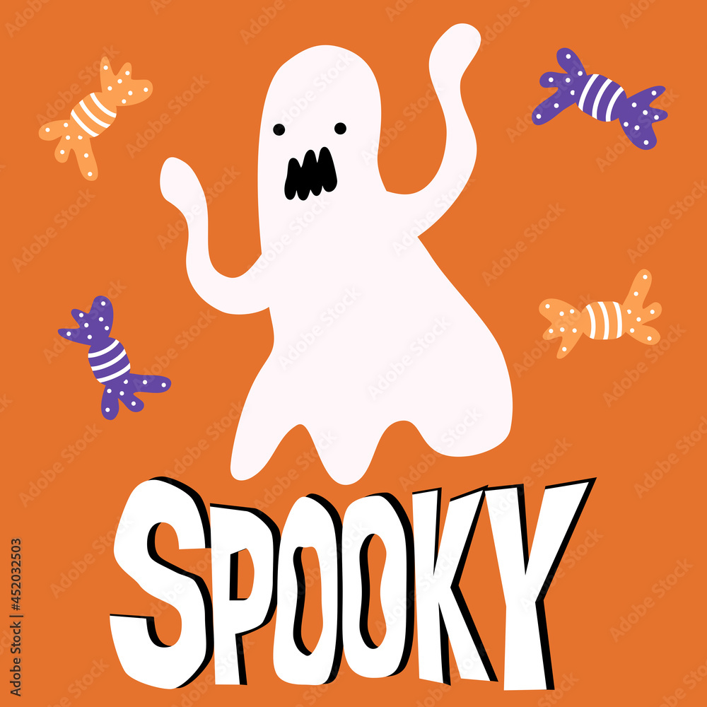 cute cartoon character flying ghost with hand drawn halloween candies and spooky lettering text vector card illustration