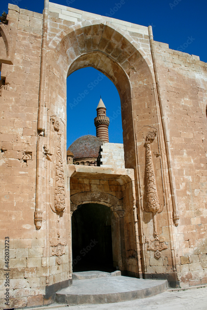 Monumental gate of the historic Ishak Pasha Palace in Dogubeyazit, Turkey
