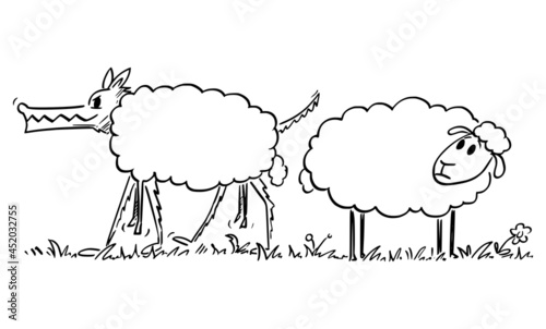 Sheep Looking at Wolf in Sheep's Clothing, Vector Cartoon Illustration