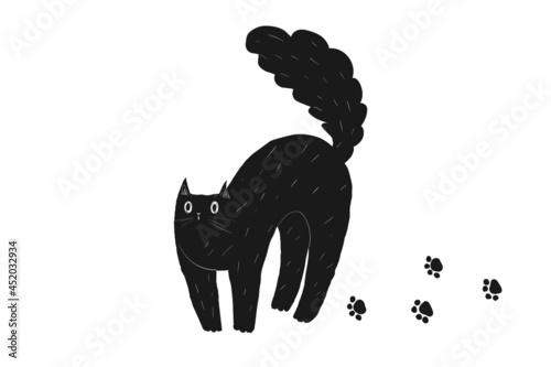 Black cute doodle Halloween cat arches its back. A scared cat with big eyes and a fluffy tail. Kawaii fat animal in hand drawn style. Stock vector illustration on a white background.