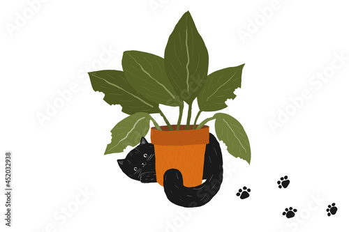 black cute cat and pot plant. Halloween fluffy fat black and white hand drawn kitten. kawaii furry pussy. stock vector illustration isolated on white background.