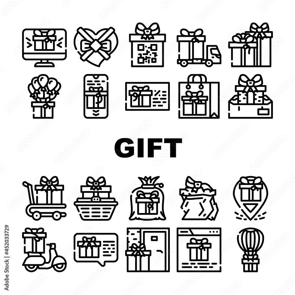 Gift Package Surprise On Holiday Icons Set Vector. Gift Box And Container Packaging, Delivery Service And Carrying, Online Purchase And Discount Coupon Present Contour Illustrations
