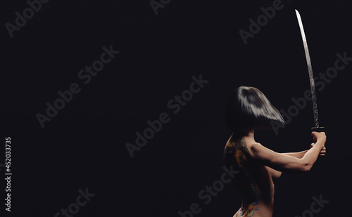 Upper back of a woman holding a sword against a dark background..3D Illustration.