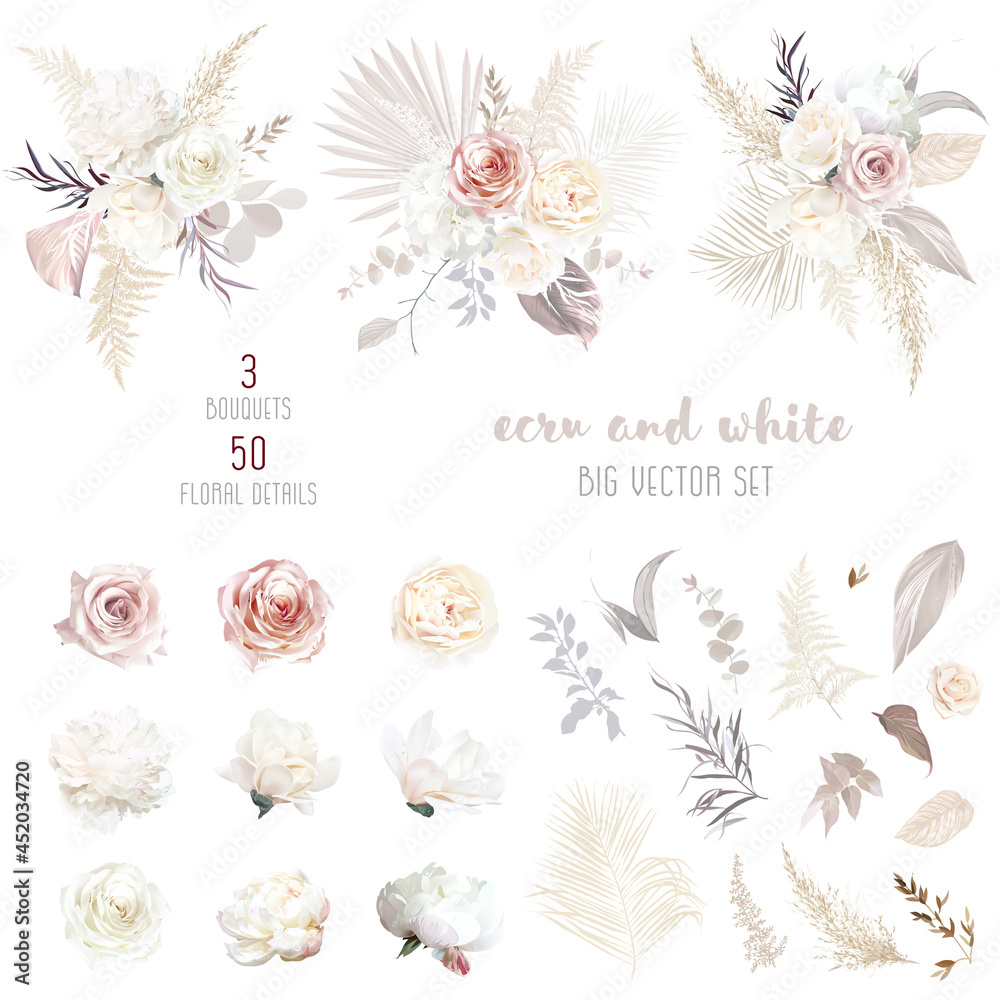 Ecru, white, blush pink rose, pale ranunculus, peony, magnolia, hydrangea, pampas grass, dried palm