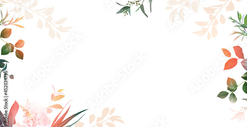 Herbal banner arranged from leaves and lights. Paradise plants, greenery and hydrangea card
