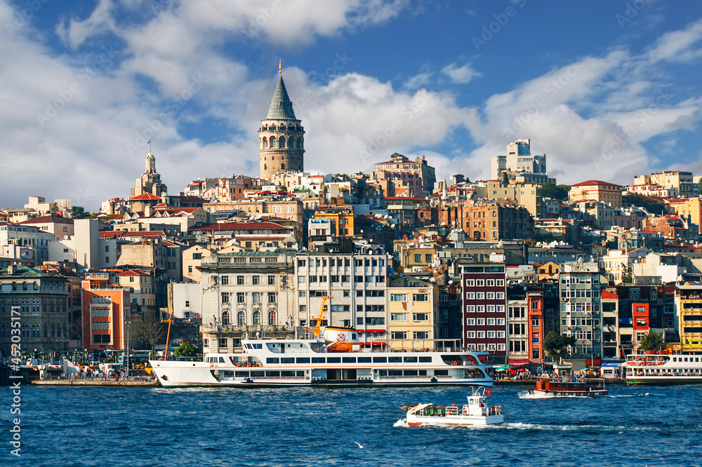 Skyline of Istanbul with Galata Tower from Golden Horn, Istanbul, Turkey