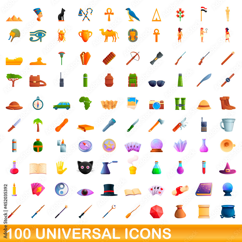 100 universal icons set. Cartoon illustration of 100 universal icons vector set isolated on white background 100 universal icons set. Cartoon illustration of 100 universal icons vector set isolated on white background