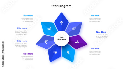 Abstract star element is divided into 7 parts with a circle in the center. Business data visualization for presentation. Vector info graphic diagram
