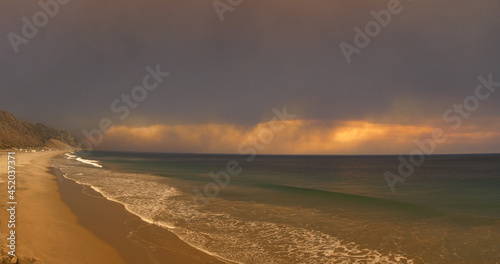 Woolsey Fire, Malibu California Post fire Police Sunset Smoke Mist
