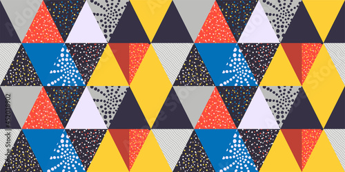 Geometric seamless pattern with various multicolored triangles. Triangle vector print in a minimalistic Scandinavian style. Abstract bright design for holiday cards, invitations, fabric, wallpaper ...