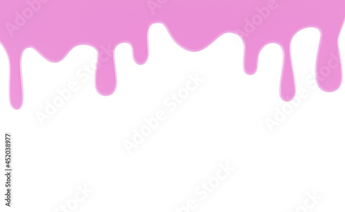 Pink dripping slime isolated on white background. Melted texture sweet liquid, drip ice cream, jelly or caramel glaze. Border of shiny flowing sticky goo, realistic illustration, 3d render