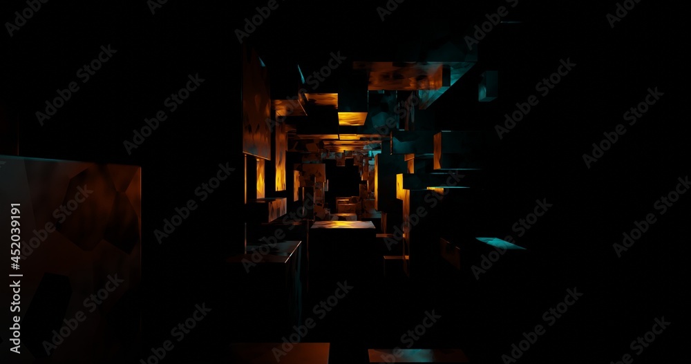 Abstract dark room background with orange and blue lights. 3D rendering.