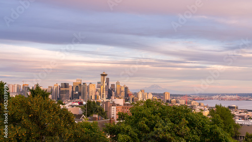 View of Downtown Seattle Skyline at Sunset With Mount Rainer in the Background