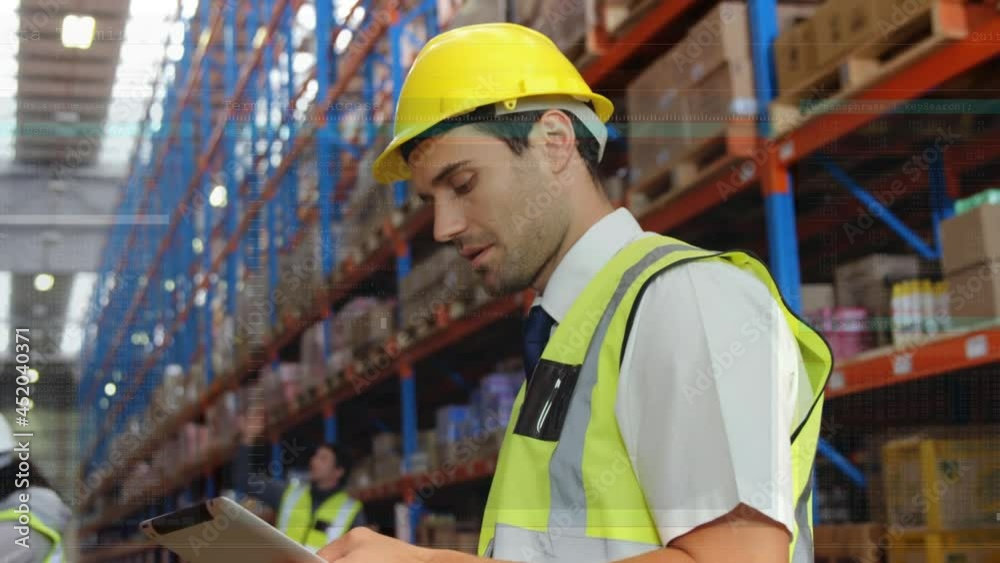 Animation of data processing over male warehouse worker Animation of data processing over male warehouse worker
