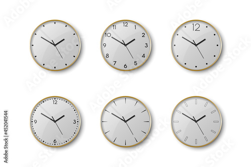 Vector 3d Realistic Yellow Golden Metal Wall Office Clock Icon Set Isolated on White. White Dial. Design Template of Wall Clock Closeup. Mock-up for Branding and Advertise. Top, Front View