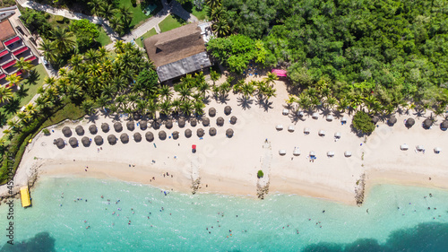 Aerial view of a paradise beach with turquoise water in Baru, Cartagena, Colombia