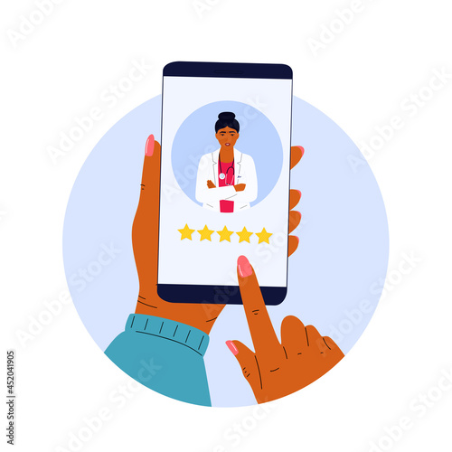 A satisfied patient leaves a good review to the Indian doctor using the mobile application. Hand rates five stars. Customer feedback online. Rating flat concept