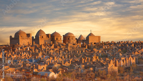 Ancient cemetery of Mizdakhan at the sunset, in Nukus, Uzbekistan.