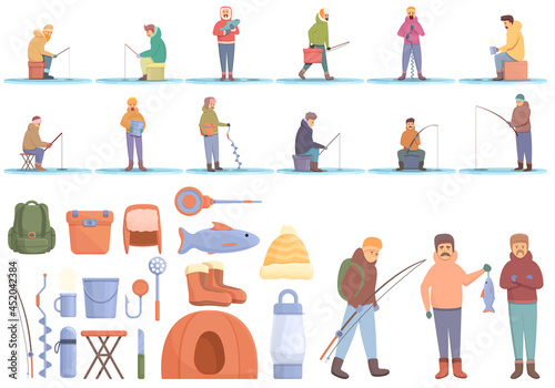 Ice fishing icons set cartoon vector. Winter frozen lake. Polar man activity