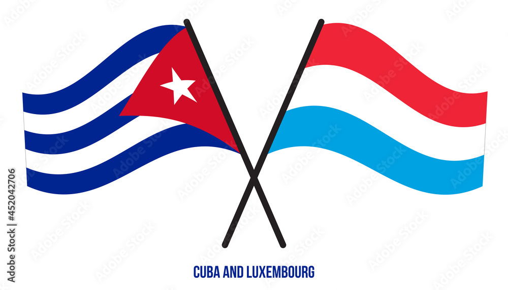 Cuba and Luxembourg Flags Crossed And Waving Flat Style. Official Proportion. Correct Colors.