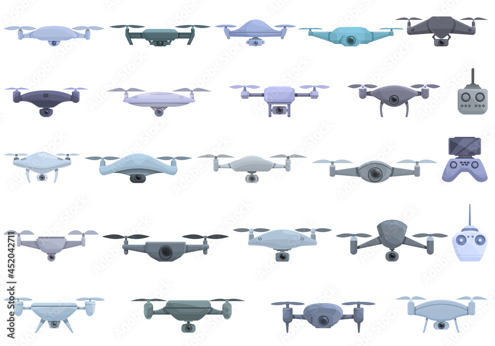 Aerial videography icons set cartoon vector. Drone camera. Aero filming