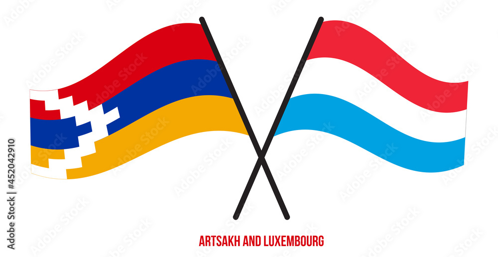 Artsakh and Luxembourg Flags Crossed And Waving Flat Style. Official Proportion. Correct Colors.