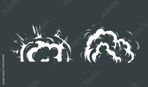 Vector smoke set effects template. Cartoon steam clouds, mist, puff, fog, watery vapor, or dust explosion 2D VFX illustration. Clip art element for game, print, advertising, menu, and web design.