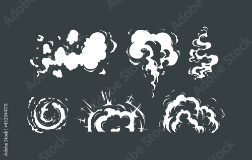 Vector smoke set effects template. Cartoon steam clouds, mist, puff, fog, watery vapor, or dust explosion 2D VFX illustration. Clip art element for game, print, advertising, menu, and web design.