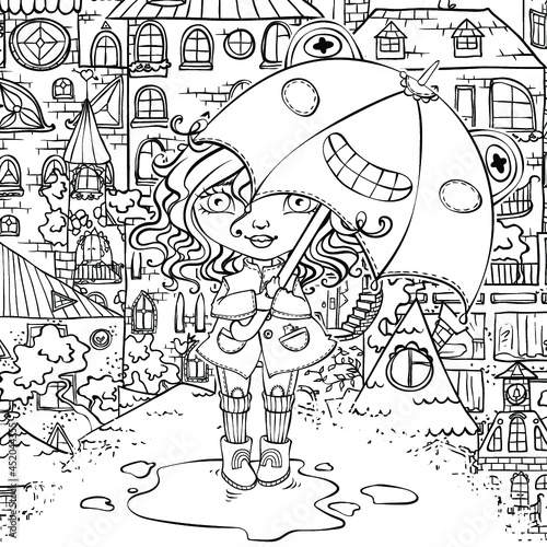 Coloring page with girl under frog umbrella. Houses pattern. Vector illustration.