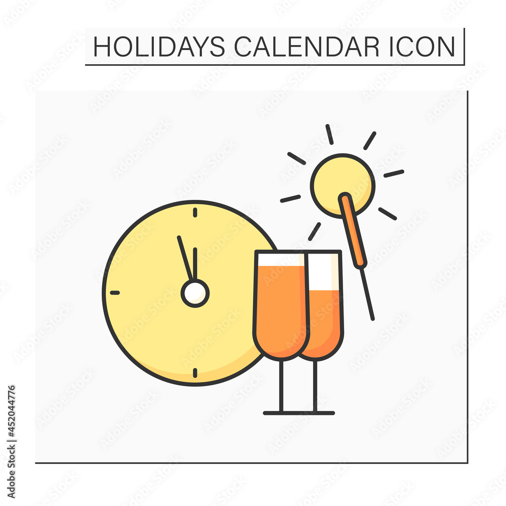 New Year eve color icon. December 31. People throw parties, make wishes, drink champagne and have fun. Holidays calendar concept. Isolated vector illustration New Year eve color icon. December 31. People throw parties, make wishes, drink champagne and have fun. Holidays calendar concept. Isolated vector illustration