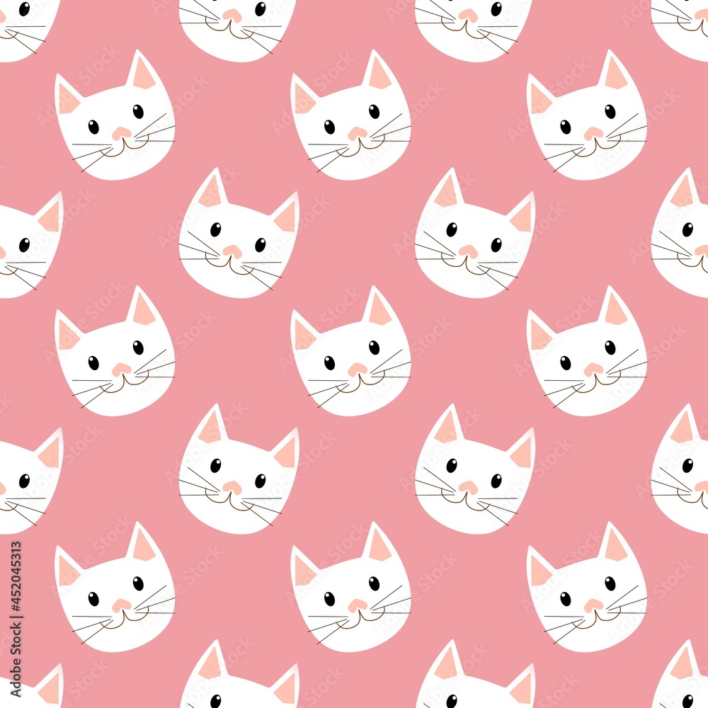 Seamless cute white cats background on pink