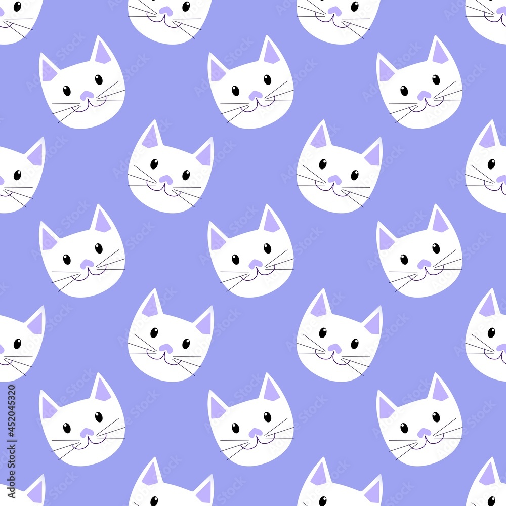 Seamless cute white cats clipart background on purple