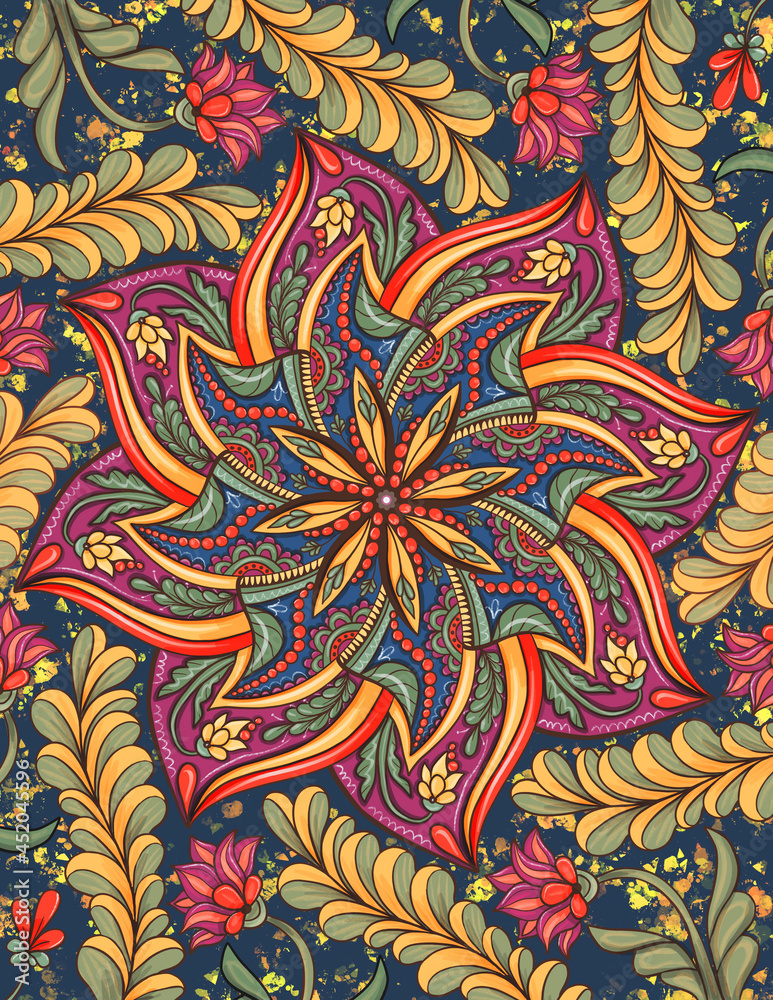 Mandala colorful art painting, psychodelic background, indian ornament, yoga backdrop