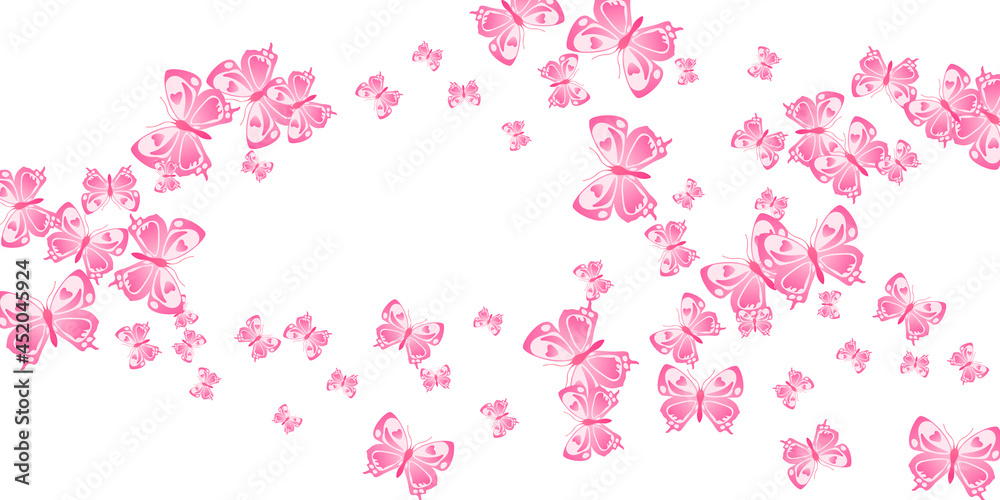 Romantic pink butterflies flying vector illustration. Summer little moths. Fancy butterflies flying dreamy wallpaper. Sensitive wings insects patten. Tropical creatures.