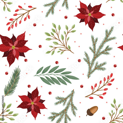 Christmas seamless pattern. Pine twigs, red berries, christmas tree. Winter Xmas holidays.