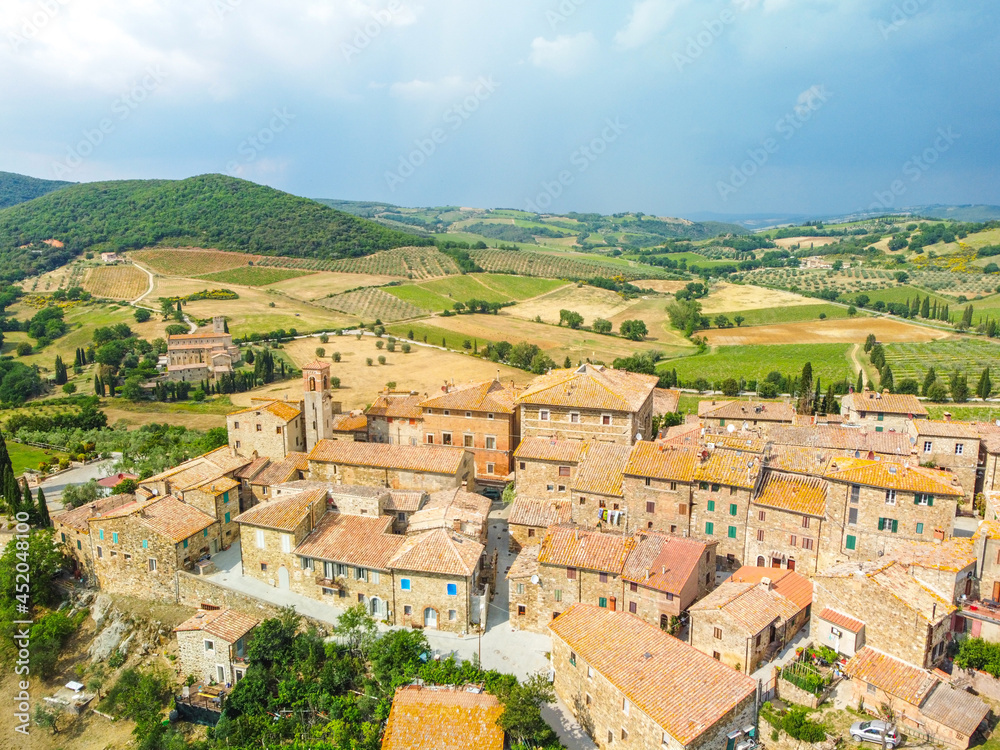 Siena, Italy - aerial panorama of the valleys and towns of the Crete Senesi in Tuscany