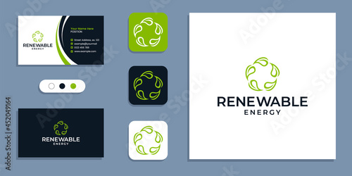 Nature, circle of leaf, renewable energy logo and business card design inspiration template