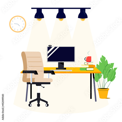 Empty office workplace. Modern home or office workplace isolated on white background. Office desk and chair with computer or laptop. Cartoon vector illustration.