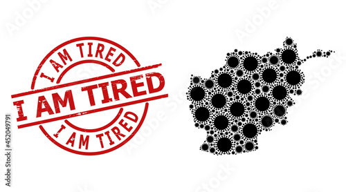 Textured I Am Tired seal, and covid mosaic of Afghanistan map. Red round stamp seal contains I Am Tired title inside circle. Afghanistan map mosaic is created with covid rotated items.