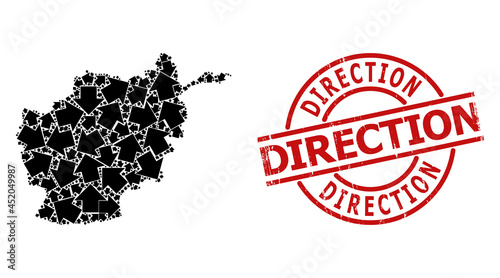 Distress Direction seal, and direction collage of Afghanistan map. Red round stamp seal contains Direction caption inside circle. Afghanistan map collage is done of direction rotated parts.