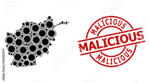 Textured Malicious stamp, and flu virus collage of Afghanistan map. Red round stamp has Malicious tag inside circle. Afghanistan map collage is formed of flu virus rotated items.