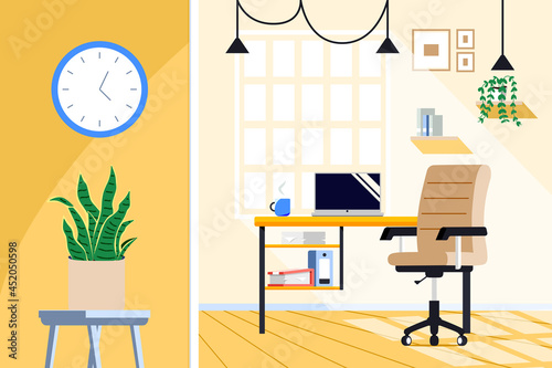 Workplace at home with office desk, chair, computer and plants. Work cabinet design. Empty office workspace room interior. Cartoon vector interior illustration.