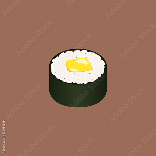 stock vector illustration of a sushi hosomaki, takuan, sushi roll, kelp, daikon and rice on brown background, sushi roll, kelp, daikon and rice on brown 