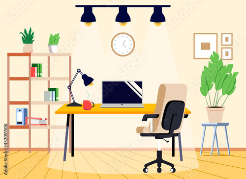 Workplace at home with office desk, chair, computer and plants. Work cabinet design. Empty office workspace room interior. Cartoon vector interior illustration.