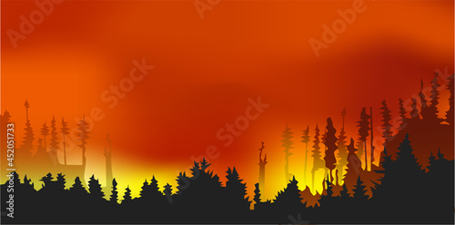 Forest fires , wildfire disaster illustration, burning trees, nature in danger vector design. Natural ecology disaster. Burning trees and blaze wood at night. Flaming woodland.