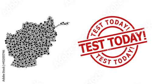 Distress Test Today! stamp seal, and chart mosaic of Afghanistan map. Red round seal includes Test Today! tag inside circle. Afghanistan map mosaic is constructed of chart rotated items.