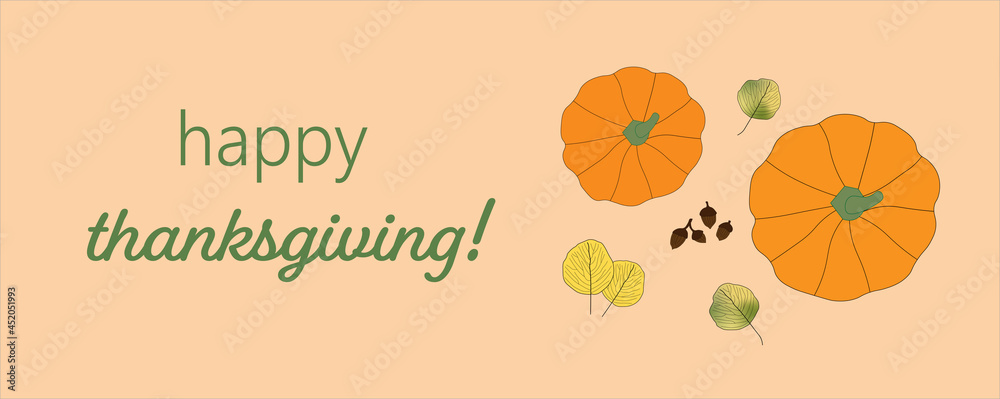 Fototapeta premium Bright colored autumn leaves and pumpkins on pale orange background with Happy Thanksgiving message. Top view. Fall, seasonal.