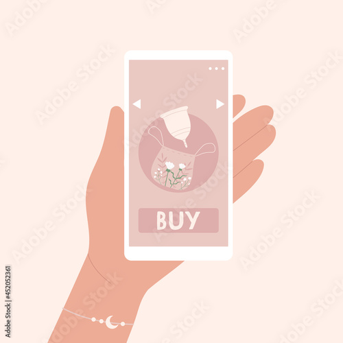 Online shopping. Female hand customer buy pink menstrual cup with cloth bag in the online store.  Shopping on social networks, apps concept. Flat cartoon vector illustration isolated on background