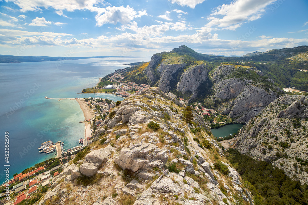 Top view on Omis city from Omis Fortnica entry in Croatia