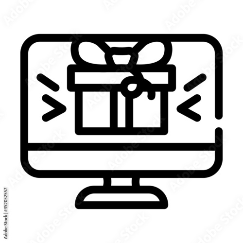 online gift on computer screen line icon vector. online gift on computer screen sign. isolated contour symbol black illustration